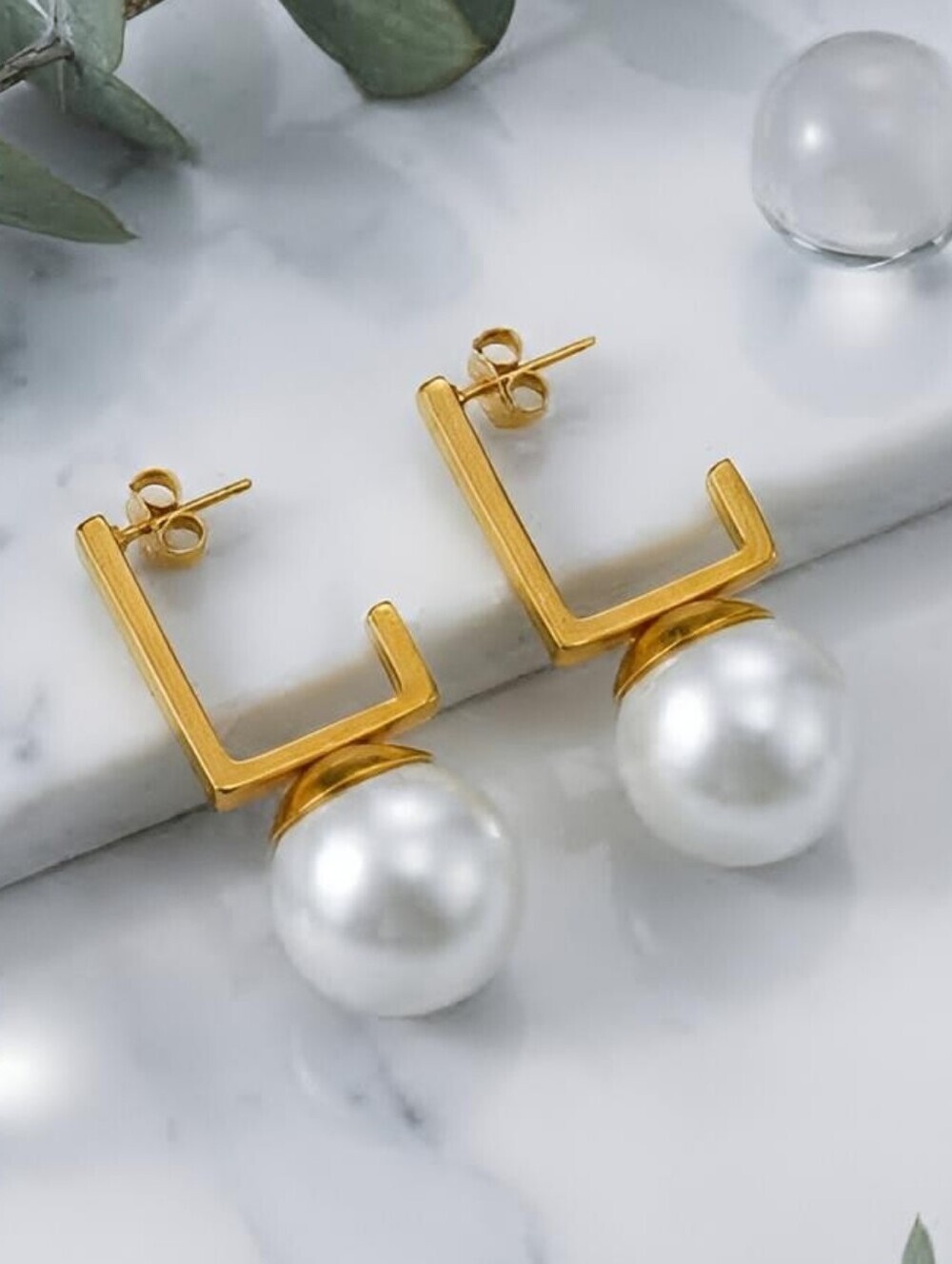 18K Gold Plated Pearl Drop Earrings Geometric Rectangle C-Hoop Old Money Modern